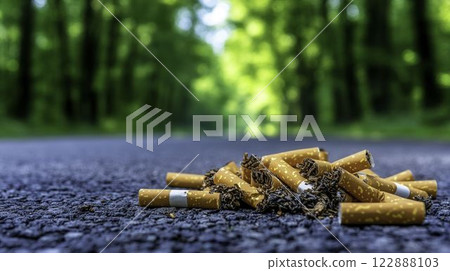 Scattered Cigarette Butts at Park Entrance Surrounded by Greenery Scattered Cigarette Butts at Park Entrance Surrounded by Greenery 122888103