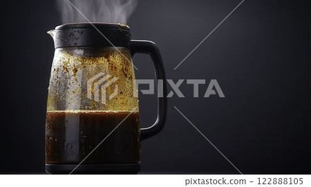 Clogged and Dirty Coffee Maker in Office Setting with Steam Clogged and Dirty Coffee Maker in Office Setting with Steam 122888105