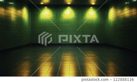 Grimy and Unkempt Public Restroom Interior with Dim Lighting 122888116