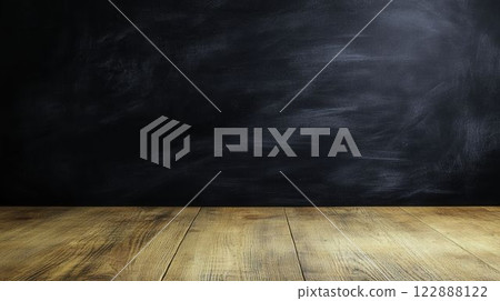 Dirty Blackboard Covered in Chalk Dust on Wooden Floor Surface 122888122