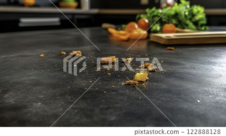 Dirty Food Preparation Counter with Crumbs and Fresh Vegetables Dirty Food Preparation Counter with Crumbs and Fresh Vegetables 122888128