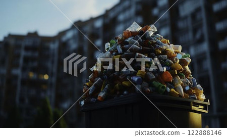 Pile of Garbage Accumulating Outside Apartment Complex During Evening Light 122888146