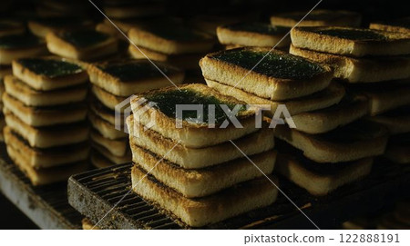 Moldy Bread Stacks with Green Jelly in a Store Environment Moldy Bread Stacks with Green Jelly in a Store Environment 122888191