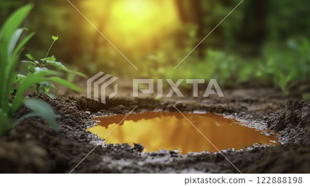 Oil Spill Contaminating Natural Lakes with Reflections at Sunset 122888198