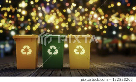 Realistic Open Trash Cans Near Food Stalls with Colorful Background 122888203