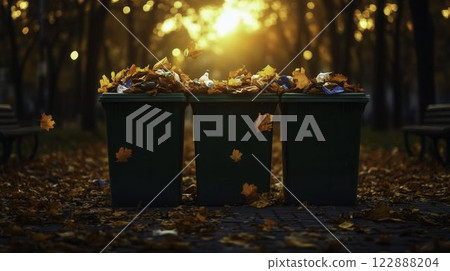Overflowing Garbage Bins in a City Park During Autumn Sunset 122888204