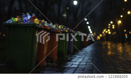 Overflowing Garbage Bins in City Park at Night with Streetlights 122888205