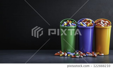 Overflowing Medical Waste Bins with Colorful Pills and Capsules 122888210