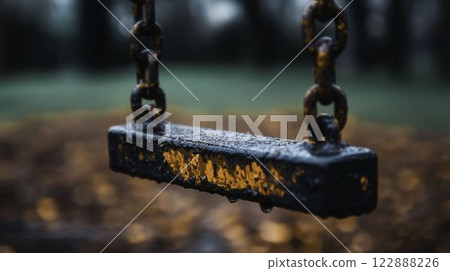 Rusty and Dirty Playground Equipment on Abandoned Site in Focus 122888226