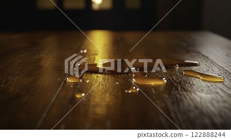 Realistic Sticky Food Spill on Dining Table Surface in Low Resolution Realistic Sticky Food Spill on Dining Table Surface in Low Resolution 122888244