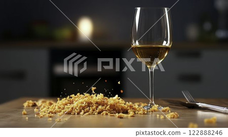 Realistic Sticky Dining Table with Food Spills and Messy Surroundings 122888246