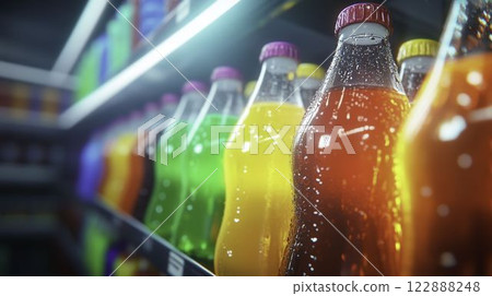 Colorful Soda Bottles in a Convenience Store Fridge Display Colorful Soda Bottles in a Convenience Store Fridge Display 122888248
