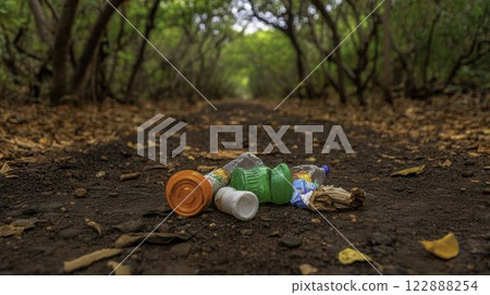 Litter on Hiking Trail Surrounded by Lush Green Forest Landscape 122888254