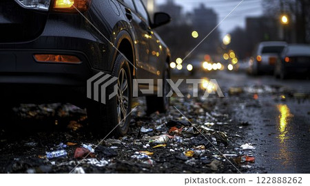 Littered Parking Lot Near Hospitals with Trash and Debris at Dusk Littered Parking Lot Near Hospitals with Trash and Debris at Dusk 122888262
