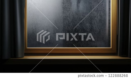Smudged and Unclean Hospital Window with Condensation and Curtain Smudged and Unclean Hospital Window with Condensation and Curtain 122888268
