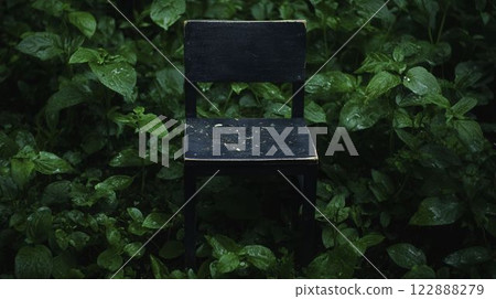 Overgrown Public Gardens with Unkempt Chair Surrounded by Foliage Overgrown Public Gardens with Unkempt Chair Surrounded by Foliage 122888279