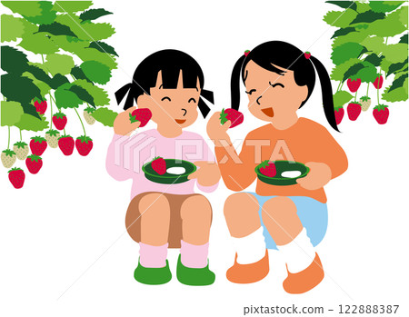 兒童體驗採摘草莓的插圖03：兩個友善的女孩蹲下來吃草莓 122888387
