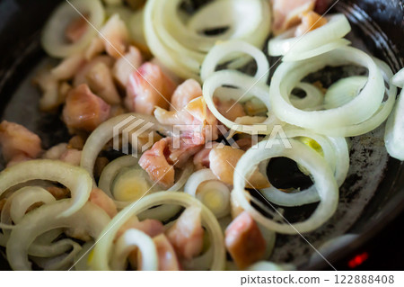 Roast pork with onion in pan Roast pork with onion in pan 122888408