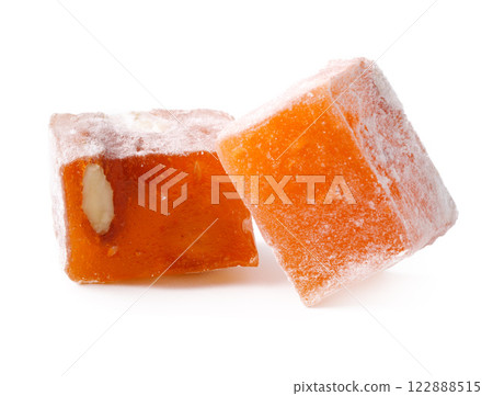 Delicious orange flavored turkish delight with nuts, served as a traditional sweet treat Delicious orange flavored turkish delight with nuts, served as a traditional sweet treat 122888515