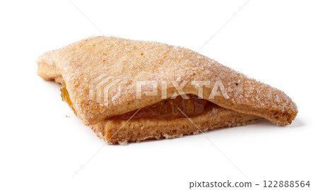 Crispy pastry filled with sweet fruit jam on a white background ready for enjoyment 122888564