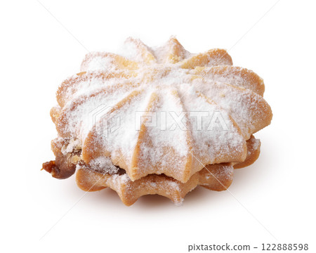 Traditional sweet pastry filled with nuts and covered in powdered sugar at a local bakery in the afternoon Traditional sweet pastry filled with nuts and covered in powdered sugar at a local bakery in the afternoon 122888598