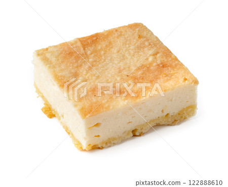 Delicious homemade dessert featuring creamy custard in a golden pastry crust served on a white background 122888610