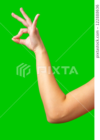 Hand making a gesture with green background in bright lighting during daylight hours 122888636