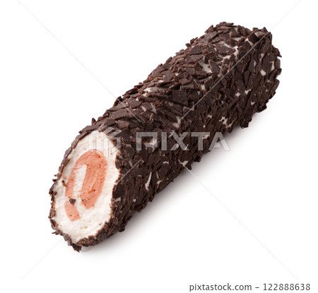 Delicious chocolate-covered ice cream roll with strawberry filling suitable for summer treats Delicious chocolate-covered ice cream roll with strawberry filling suitable for summer treats 122888638