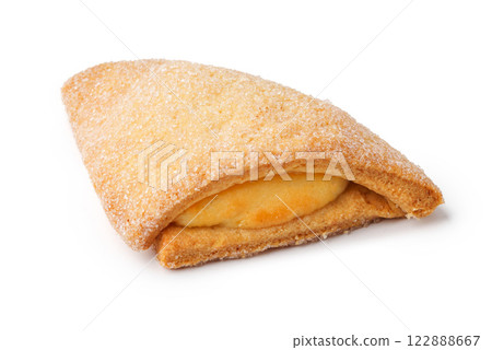 Delicious pastry filled with creamy vanilla custard on a plain background 122888667