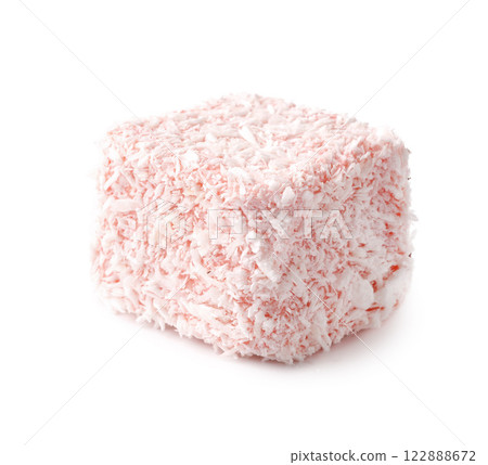 Delicious pink coconut treat with a fluffy texture and sweet flavor prepared for a sunny outdoor gathering 122888672