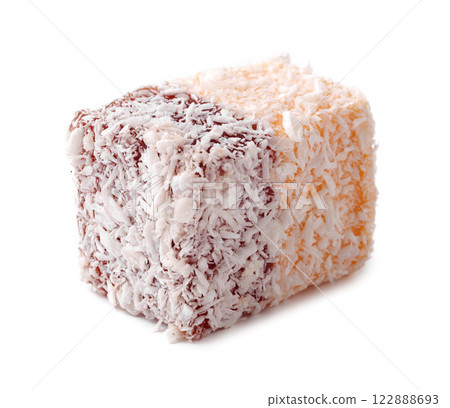 Deliciously layered coconut treat showcasing chocolate and orange flavors with a fluffy texture Deliciously layered coconut treat showcasing chocolate and orange flavors with a fluffy texture 122888693