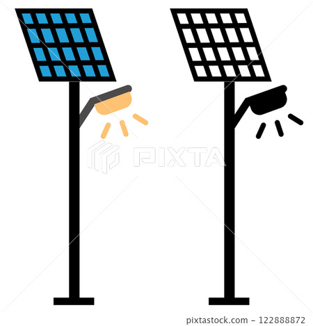 Solar panel in street lamp. Street light sign. Solar panel lighting system. flat style. Solar panel in street lamp. Street light sign. Solar panel lighting system. flat style. 122888872