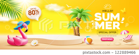 Summer sale podium display, Pink flamingo inflatable swimming pool, coconut trees 122889466