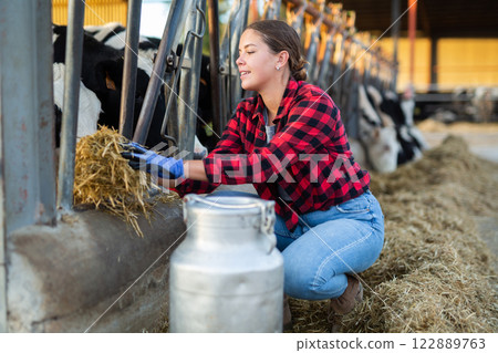 Girl feeding cows with hay in farm 122889763