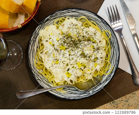 Spaghetti alla carbonara. Pasta with pancetta, parmesan cheese and cream sauce closeup 122889786