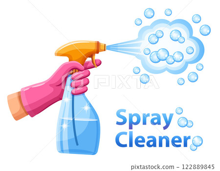 Spray cleaner bottle in hand, water spraying, liquid clean chemical sprayer detergent, house bathroom cleaning, wash window glass. Protective glove. Disinfection antiseptic. Soap foam aerosol. Vector 122889845