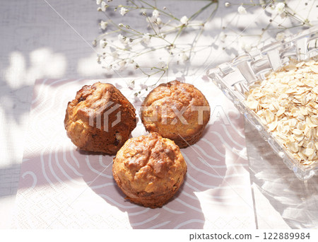 Homemade Oatmeal cake with bright background. 122889984