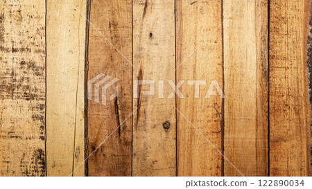 Top view of an arranged wood plank. Natural wooden texture or brown background or wallpaper. Flat lay. Copy space or mockup Top view of an arranged wood plank. Natural wooden texture or brown background or wallpaper. Flat lay. Copy space or mockup 122890034