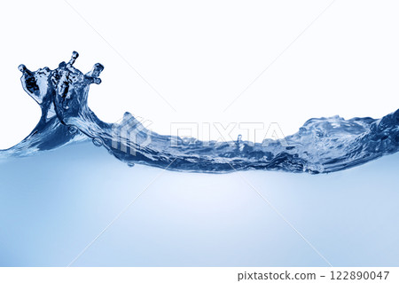 Closeup view of dynamic flowing blue water waves on white background. Liquid splash. Texture and abstract background Closeup view of dynamic flowing blue water waves on white background. Liquid splash. Texture and abstract background 122890047