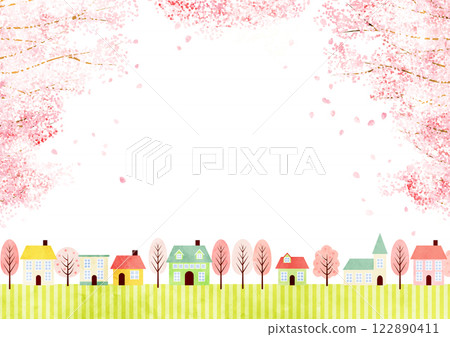 櫻花盛開，城市景觀背景，橫向，插圖，可愛 122890411