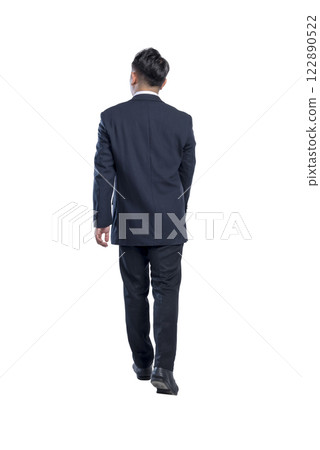 Portrait rear view of Asian businessman walking isolated over white background. Concept of business, entrepreneur, and successful 122890522