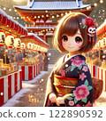 Young woman in kimono looking at the food stalls at a shrine 122890592