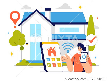 Home Automation Vector Illustration featuring a Smart Home Controlled via Smartphone with an Integrated System of Electronic Devices in a Background 122890599