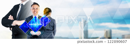 Portrait of business people in double exposure showing innovation text. Concept of business and teamwork 122890607