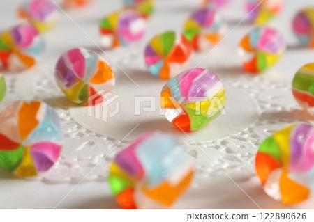 Colorful Japanese candy served on lace paper 122890626