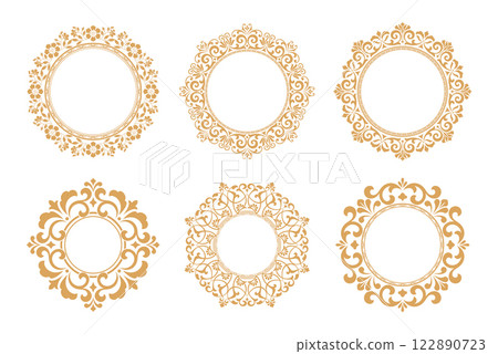 Set of decorative frames Elegant vector element for design in Eastern style, place for text. Floral golden and white borders. Lace illustration for invitations and greeting cards Set of decorative frames Elegant vector element for design in Eastern style, place for text. Floral golden and white borders. Lace illustration for invitations and greeting cards 122890723
