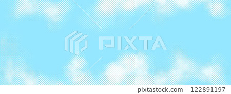 Dotted comic cloud background. White halftone clouds in sky. Pop art heaven wallpaper for banner, brochure, collage, poster, leaflet. Pixelated smoke, smog or fog texture. Vector illustration 122891197