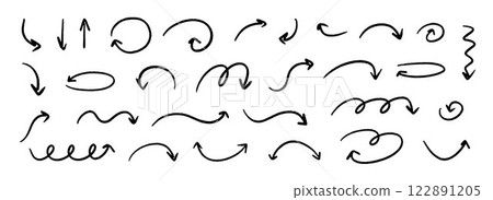 Hand drawn curved and straight arrow set. Black grunge sketch arrow collection. Doodle sketched pointers and direction lines. Wavy and zigzag brush stroke bundle for flyer, poster, brochure. Vector 122891205