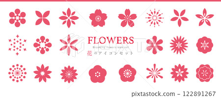 一組可愛的花朵圖標，包括櫻花、梅花、紫羅蘭和三色堇。 122891267