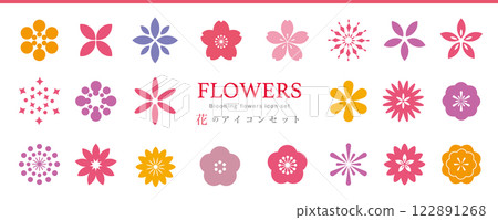 一組可愛的花朵圖標，包括櫻花、梅花、紫羅蘭和三色堇。 122891268